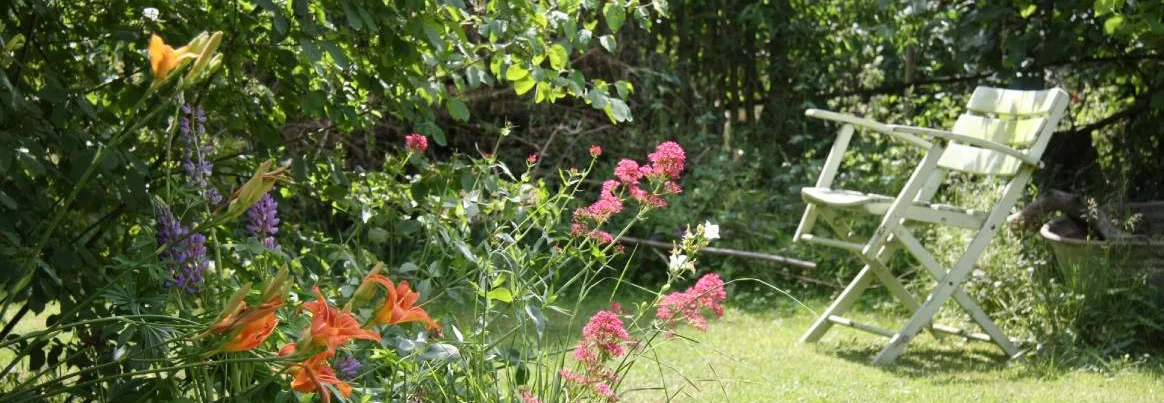 Garten mit blühenden Blumen und einem Gartenstuhl im Hintergrund